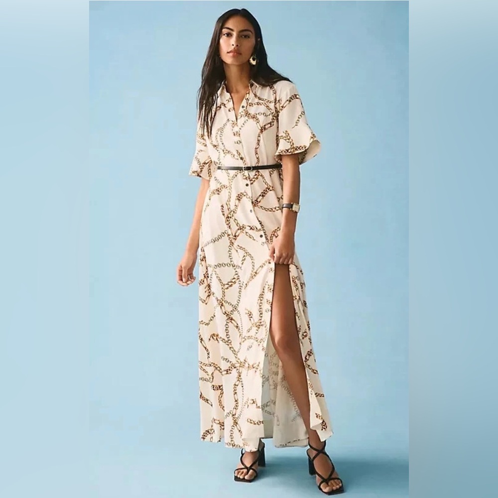 Anthropologie Maeve Cream Chain-Print Button-Front Short sleeveMaxi Dress small